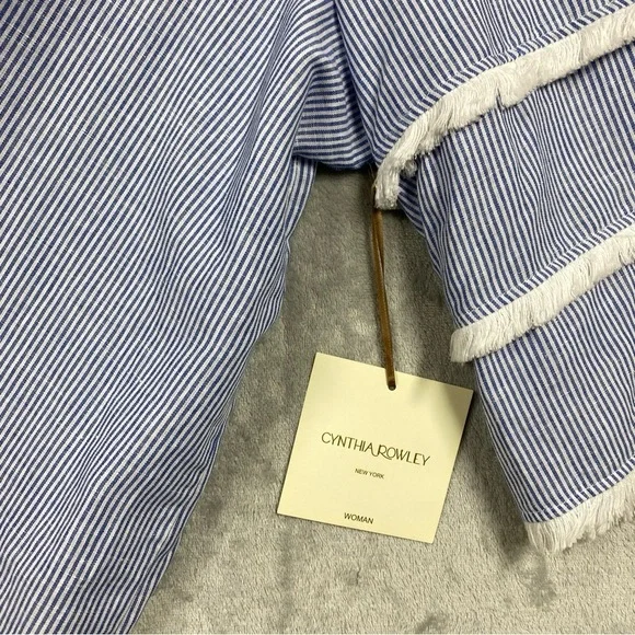 NEW Cynthia Rowley Linen Blend Fringe Sleeve Striped Nautical Blouse Sz 2X Blue - Picture 6 of 7